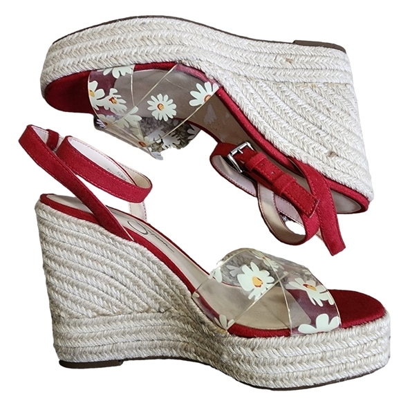 Jessica Simpson Red Velvet Floral Toe Strap Wedge Espadrilles - 8.5 - Picture 5 of 8